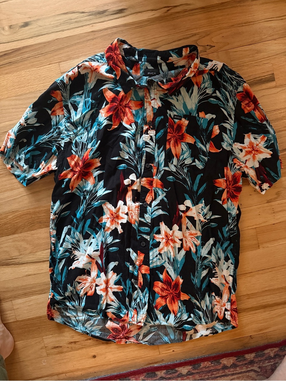 RVCA Black Short-Sleeve Floral Button-Up Shirt with Orange & Teal Print